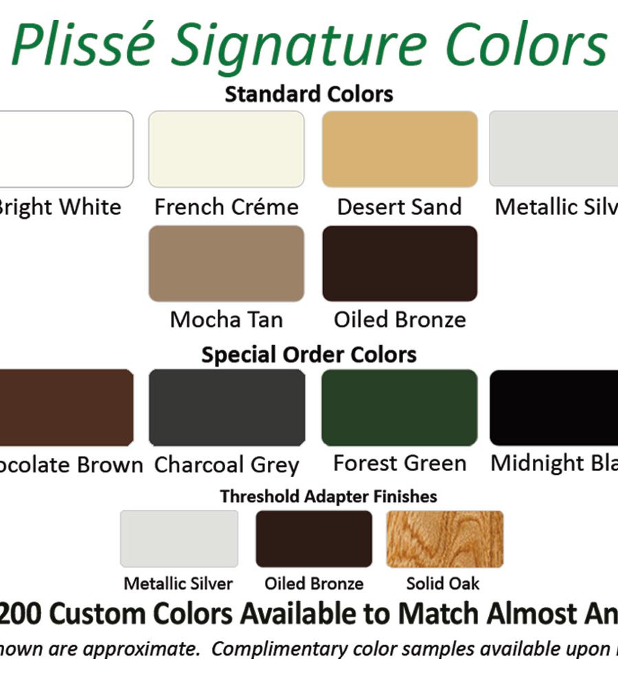 Chart showing Plisse signature retractable screen colors.
